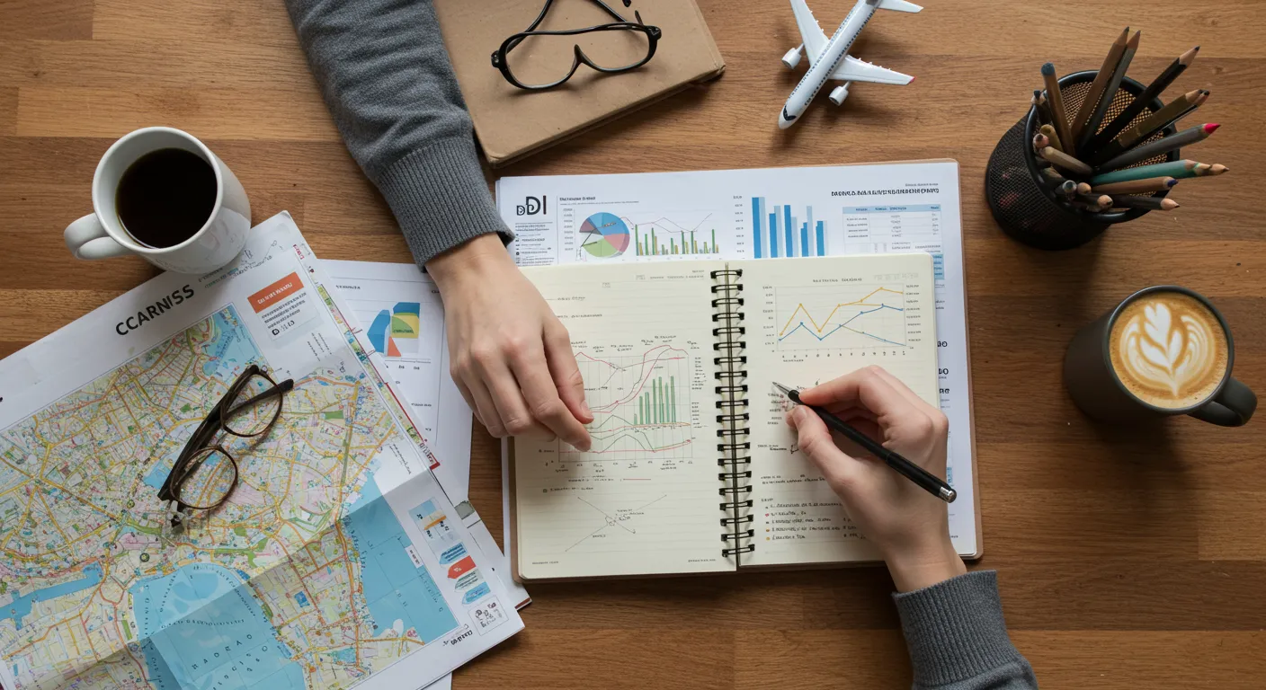 Pessoa analisando fundos DI com notebook e itens de viagem sobre a mesa