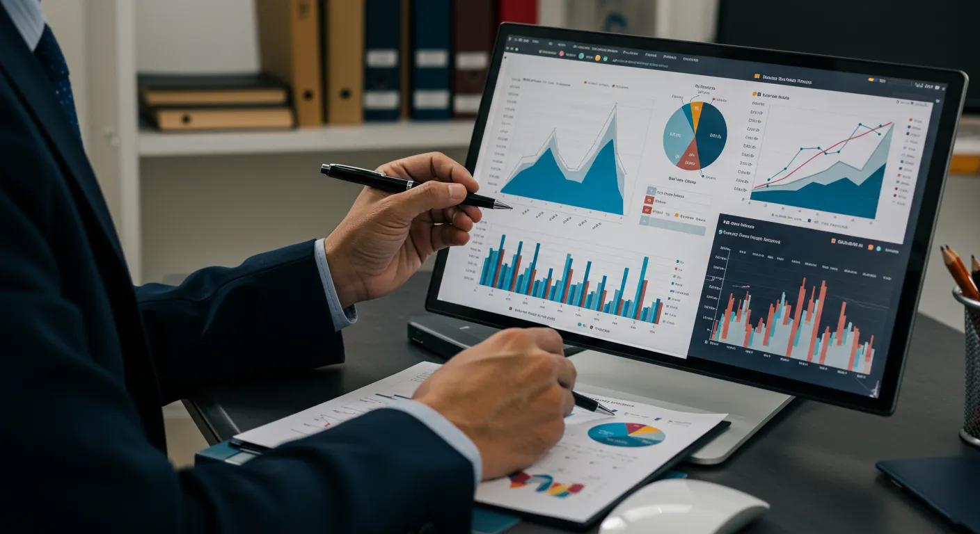 Gestor analisando fundos multimercado em escritório com gráficos e meta de viagem no quadro