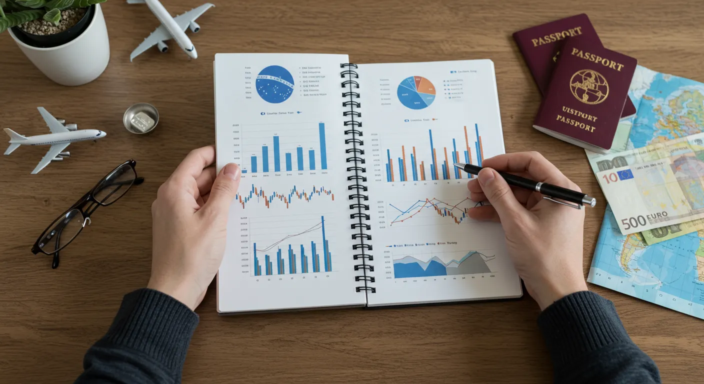 Pessoa planejando viagem internacional com investimentos no exterior, passaporte e moedas estrangeiras