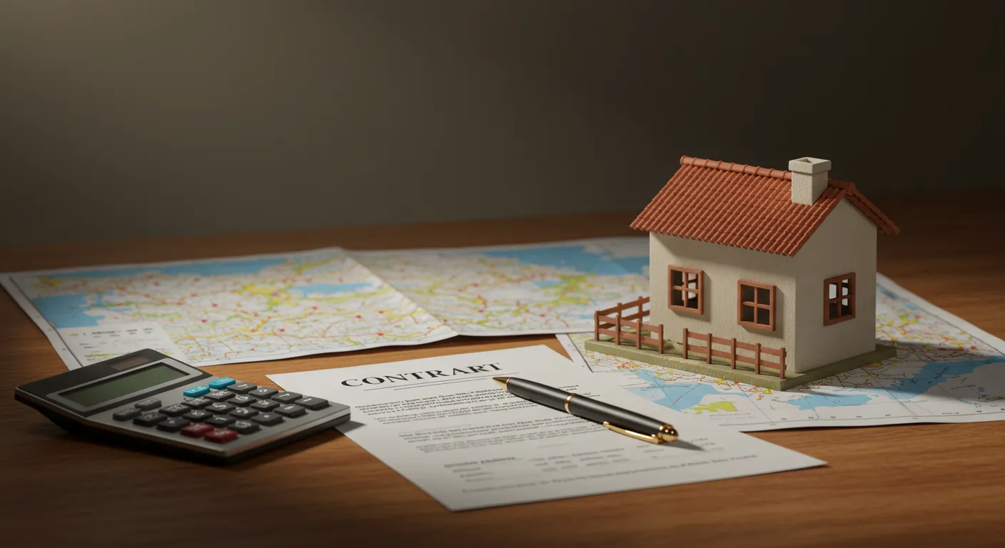 Cofrinho de casa e mini fazenda representando LCI e LCA ao lado de mapa turístico e calculadora