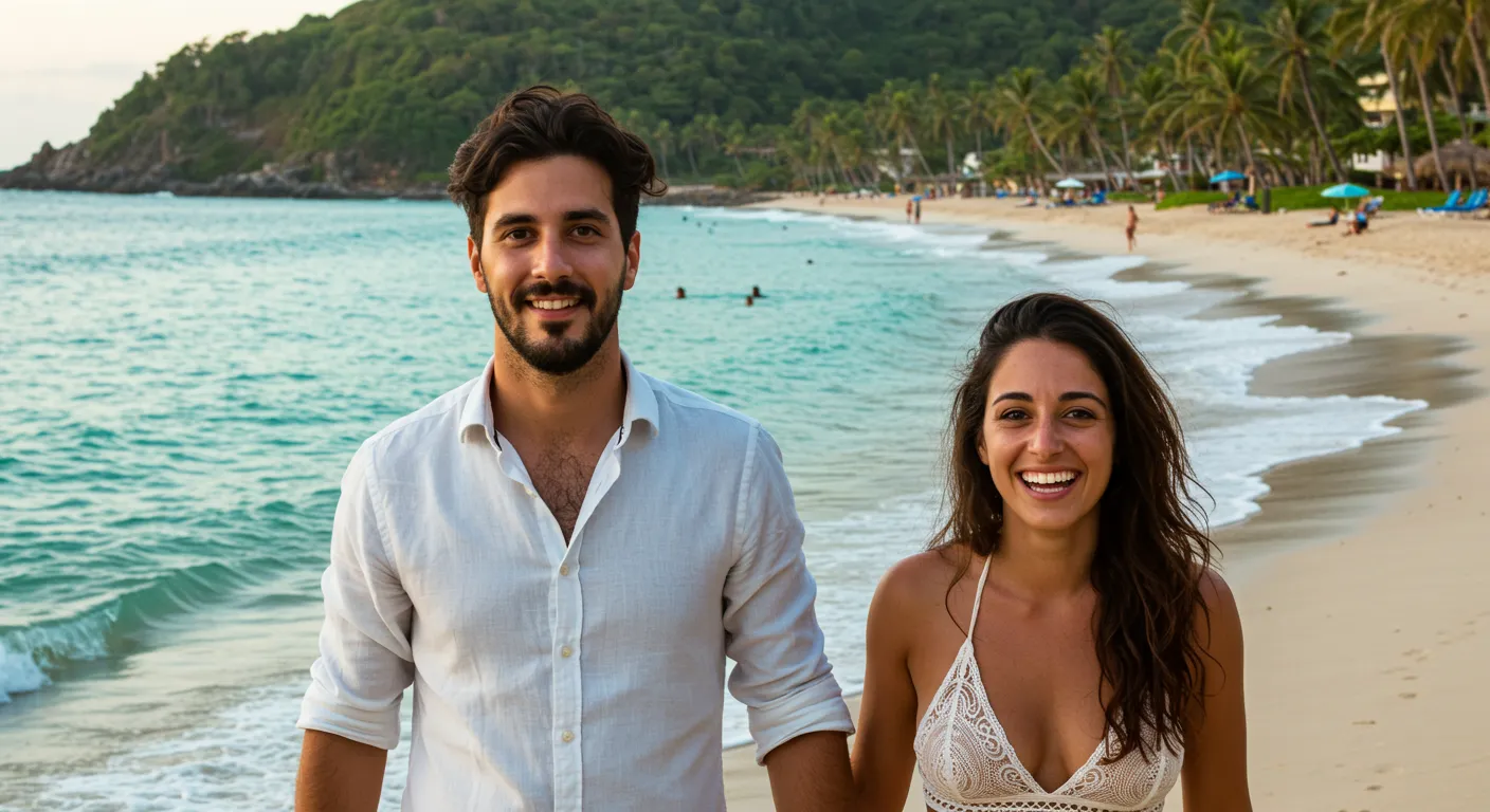 Casal feliz chegando ao destino de viagem com malas, simbolizando realização de sonho