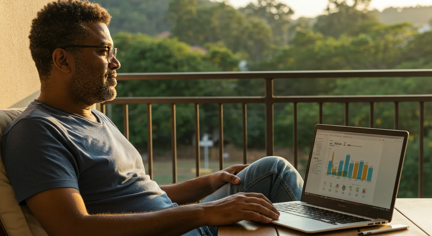 Casal planejando viagens futuras com previdência privada, olhando fotos e gráfico no laptop