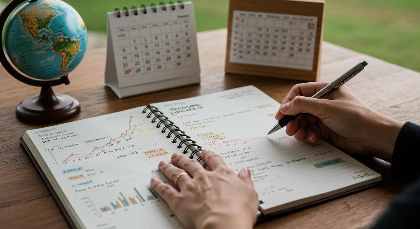 Pessoa planejando viagem futura com gráfico de inflação e pesquisa sobre Tesouro IPCA+