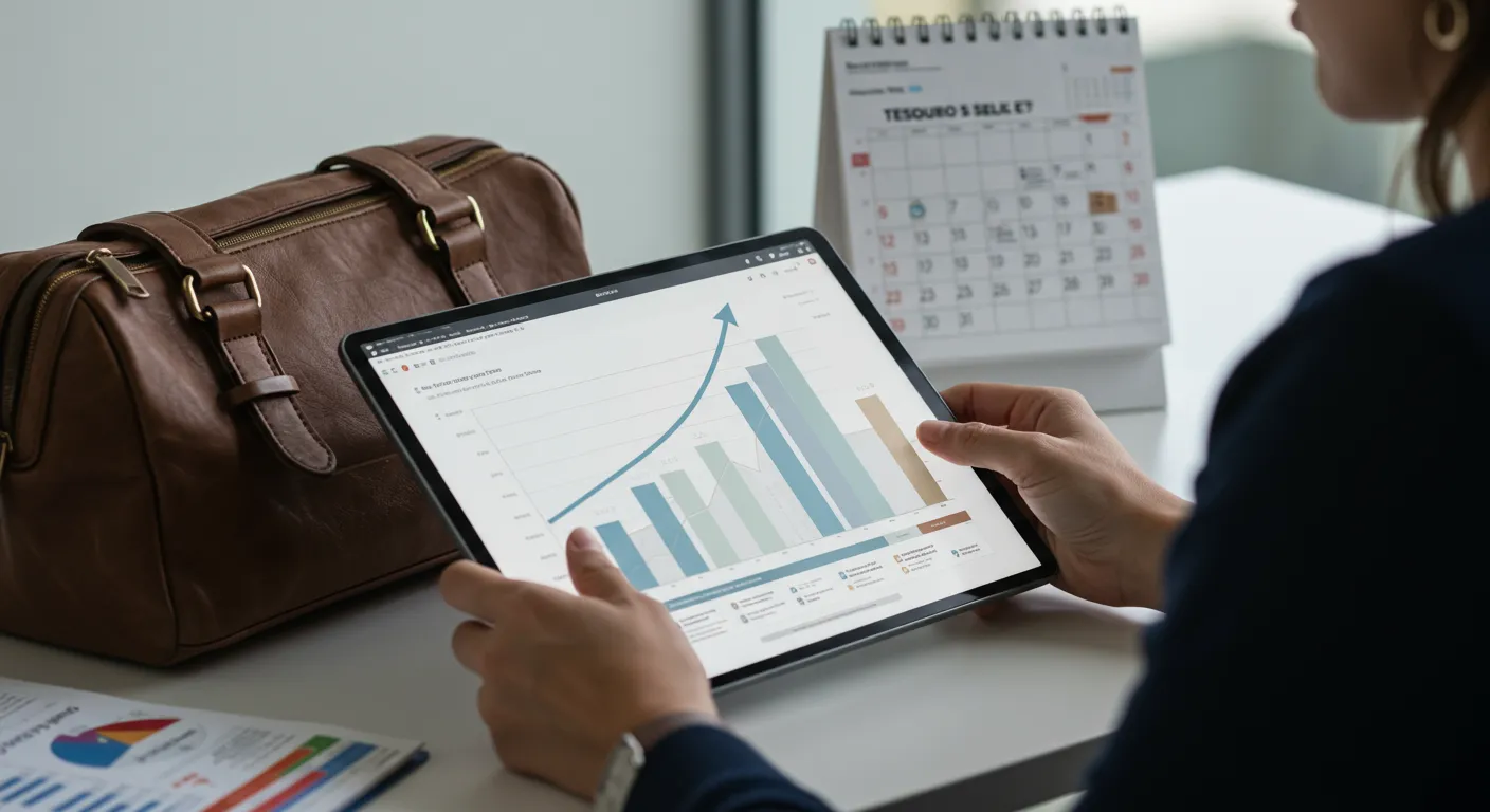 Pessoa analisando o Tesouro Selic no celular enquanto planeja viagem com mala e passagens