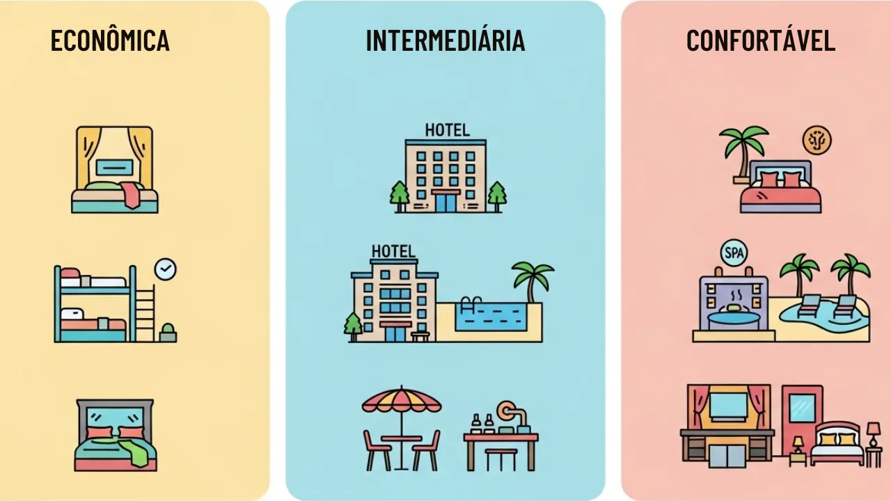 Comparação visual entre viagem econômica, intermediária e confortável